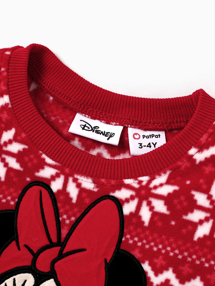 Disney Mickey and Friends Christmas Family Matching Snowflake Character Print Plush Crew Neck Sweatshirt Red