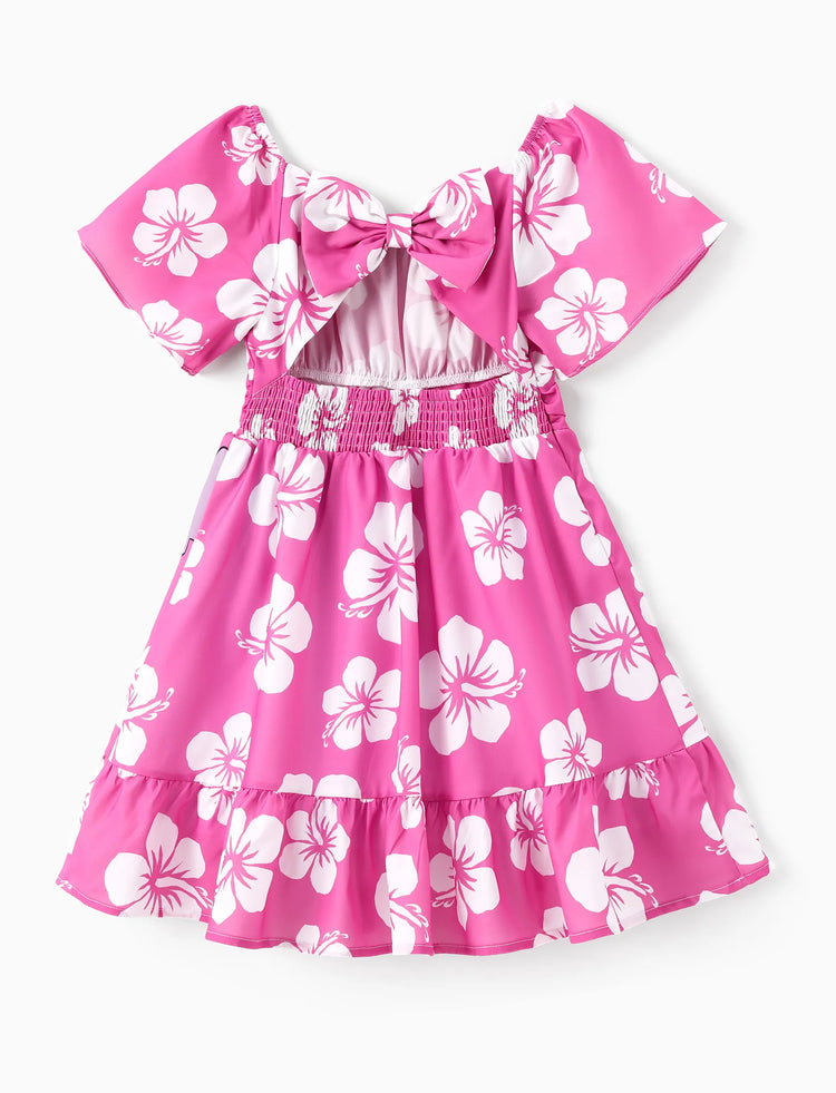 Disney Stitch Kid Girl Floral/Palm Tree Print Ruffled Babydoll Dress Hot Pink