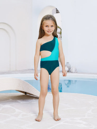 Toddler Girl Colorblock One Shoulder Cut Out One-piece Swimsuit  Deep Turquoise