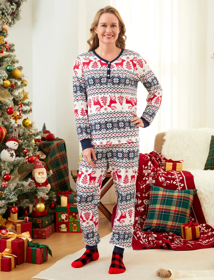 Christmas Family Matching Allover Print Long-sleeve Pajamas Sets (Flame Resistant) BLUEWHITE