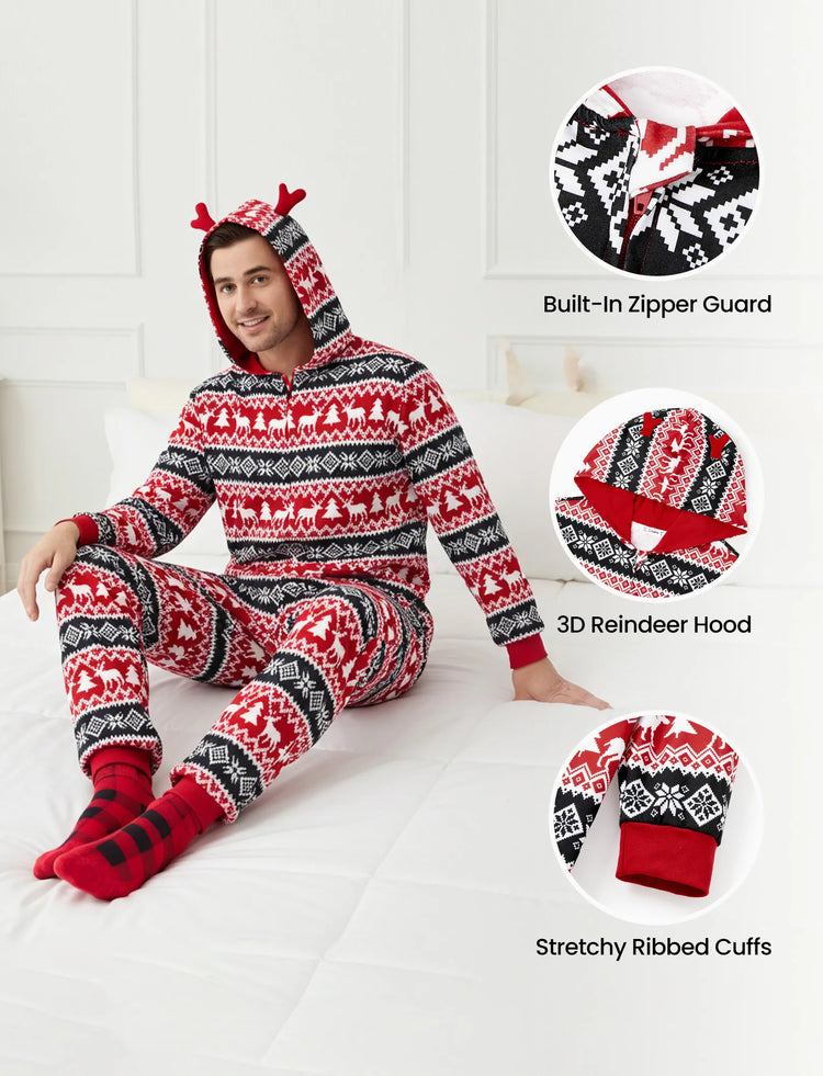 Christmas Matching Family Pajamas Set 3D Reindeer Hooded Allover Snowflake Print Onesie PJS with Christmas Socks red/black