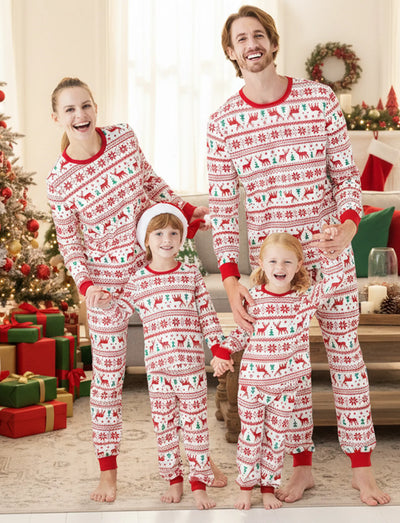 Christmas Reindeer and Snowflake Patterned Family Matching Pajamas Sets Red+White