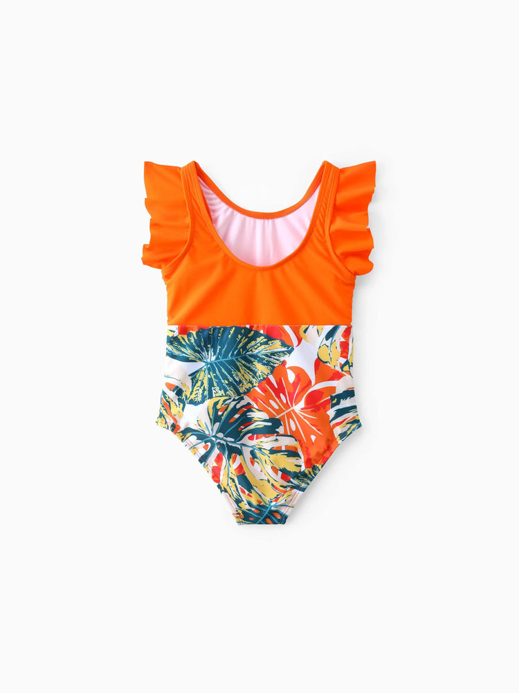 Family Matching Orange and All Over Tropical Plant Print Splicing Ruffle One-Piece Swimsuit and Swim Trunks Shorts Orange color