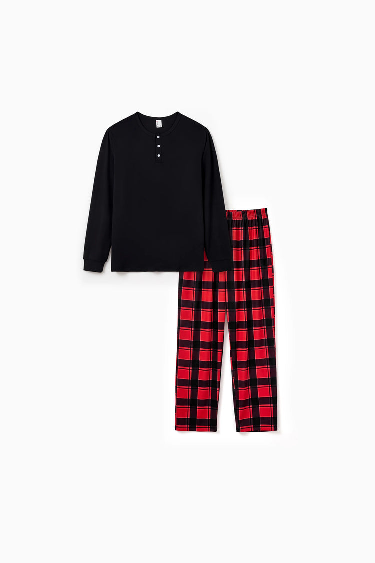 Christmas Matching Family Pajamas Set Allover Red and Black Grid Print Long-sleeve PJS with Christmas Socks Red
