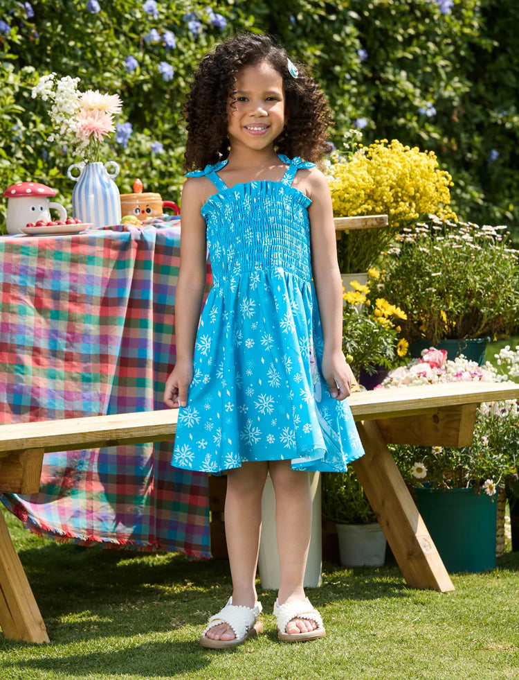 Robe à smocks et nœud papillon pour petite fille Disney La Reine des Neiges, motif flocon de neige Elsa, bleu ciel