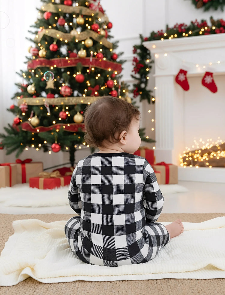 Christmas Matching Family Pajamas Set Allover Black Grid Print Long-sleeve PJS with Christmas Socks Black