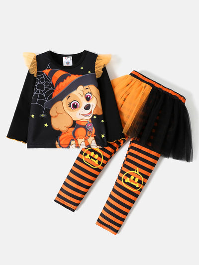 Paw Patrol 2pcs Toddler Girl Halloween Skye Graphic Long-sleeve Tee and Stripe Mesh Skirt Leggings Set ColorBlock