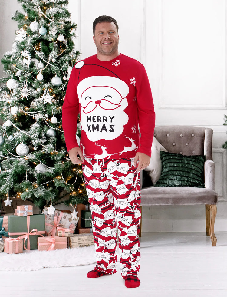Pijama familiar navideño a juego con estampado gráfico de Papá Noel grande en la parte delantera y trasera, con bolsillos y cordón, color rojo 2