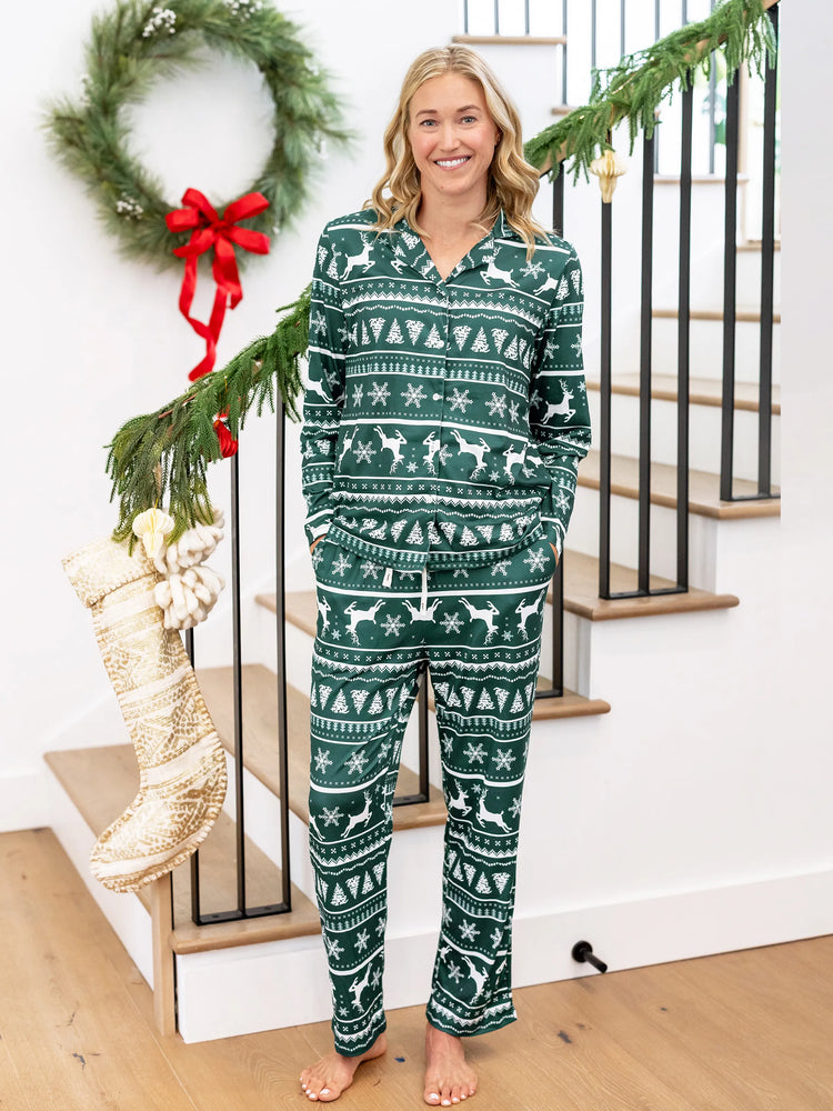 Christmas Matching Family Pajamas Set Allover Reindeer and Snowflake Print Long-sleeve Collared PJS with Christmas Socks Dark Green