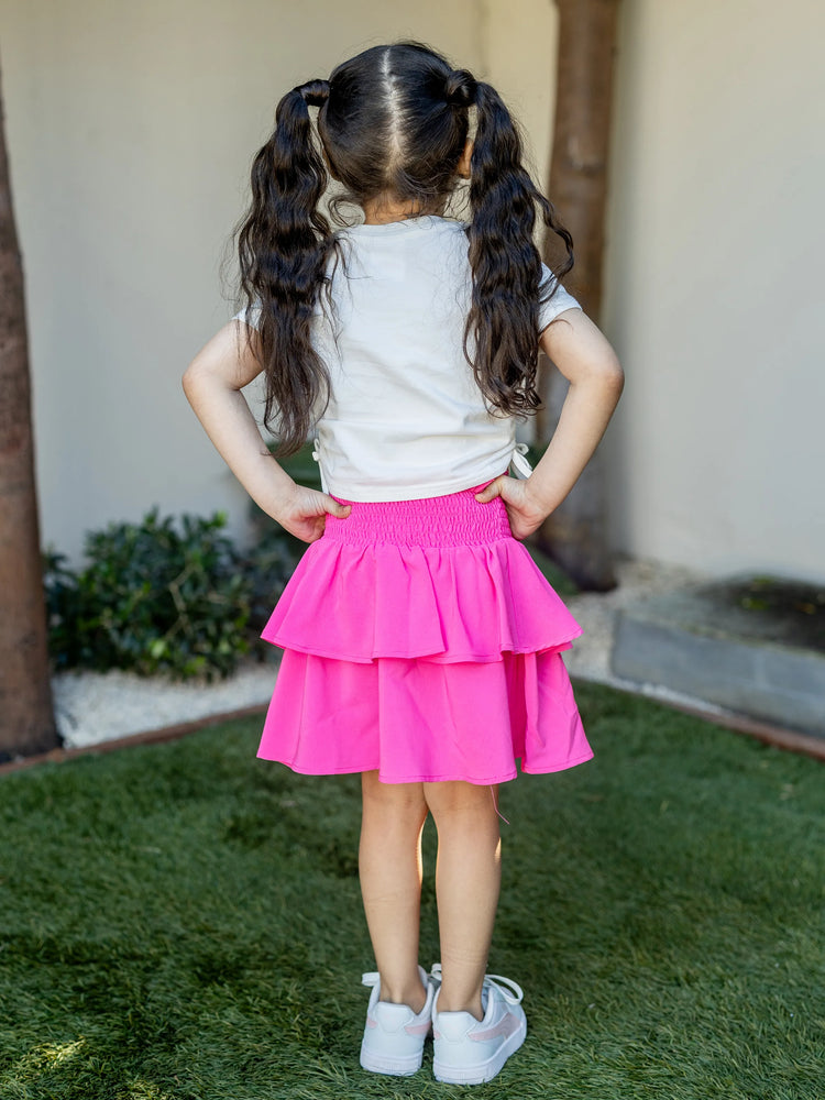 Conjunto de 2 piezas de top de manga corta y falda fruncida de algodón con cordón para niña Barbie, color blanco