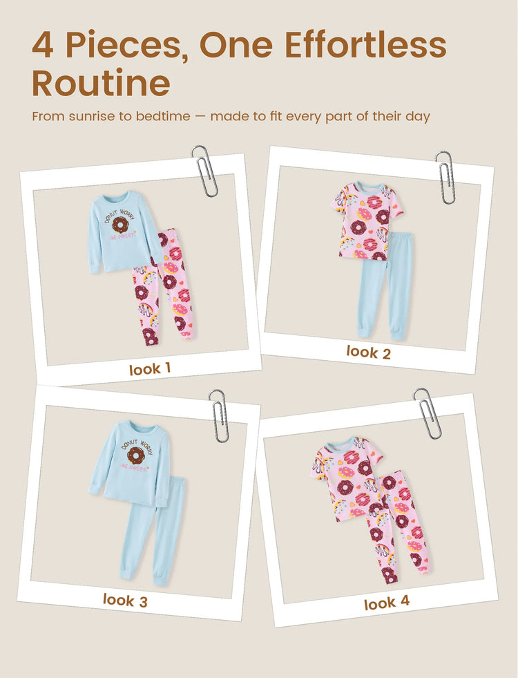 Kleinkind / Kinder 4-teiliger Pyjama aus Bio-Baumwolle 4-in-1 eng anliegendes Pajama-Set für Mädchen hellblau