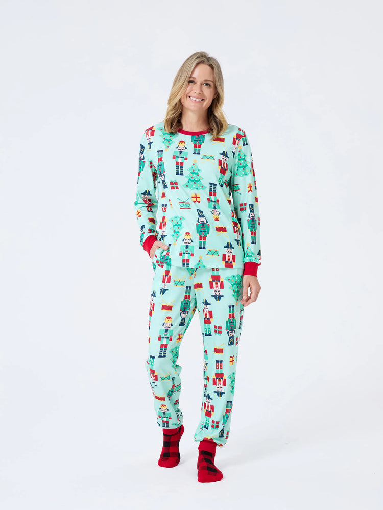 Christmas Matching Family Pajamas Set Soldier and Christmas Tree Print PJS with Christmas Socks Pale Green