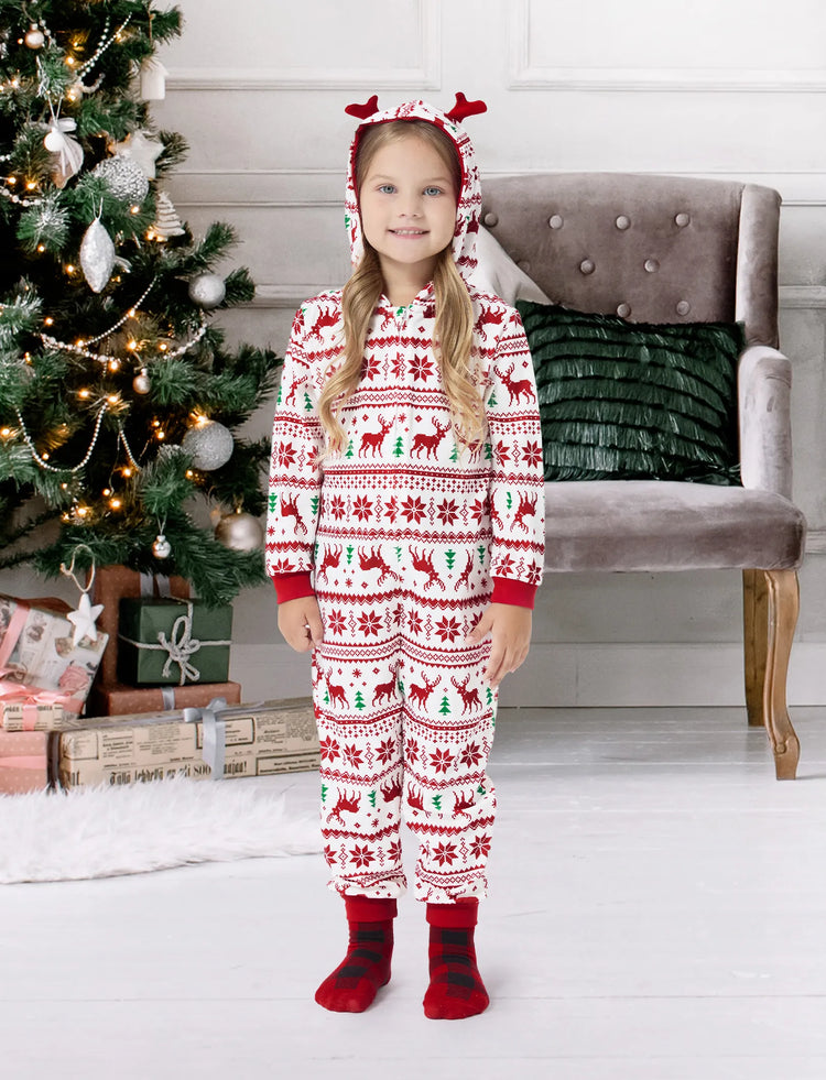 Christmas Matching Family Pajamas Set 3D Reindeer Hooded Allover Snowflake and Reindeer Print Red and White Onesie PJS with Christmas Socks Red+White