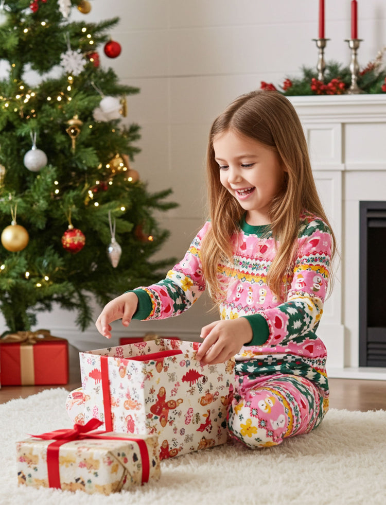 Pyjama de Noël/Halloween 2 pièces en bambou avec imprimé enfantin pour petite fille (coupe ajustée) multicolore