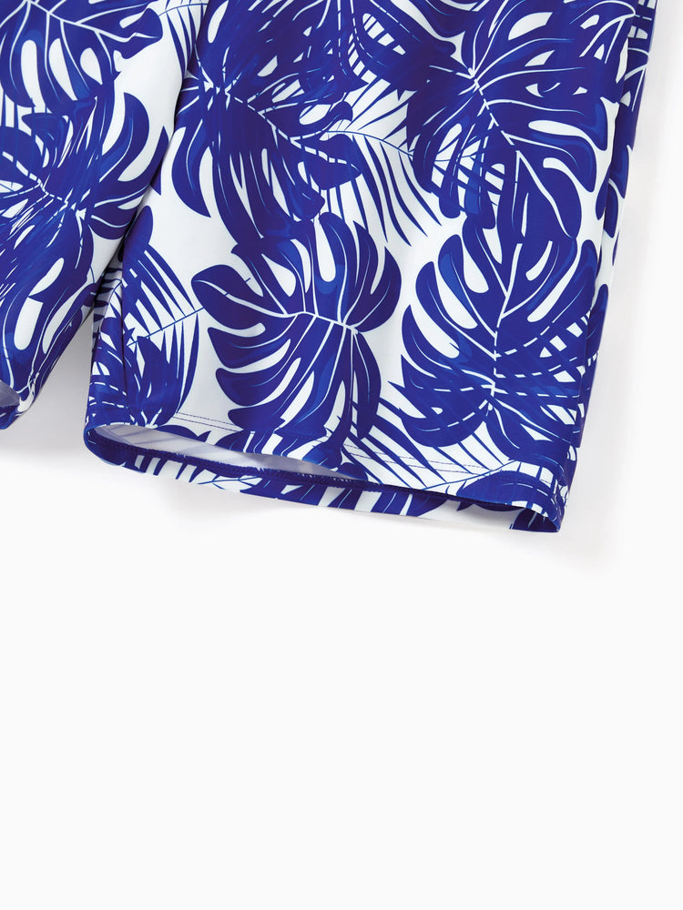 Family Matching Tropical Leaf Print Swim Trunks or Hollow-out Crisscross Straps One-piece Swimsuit Blue