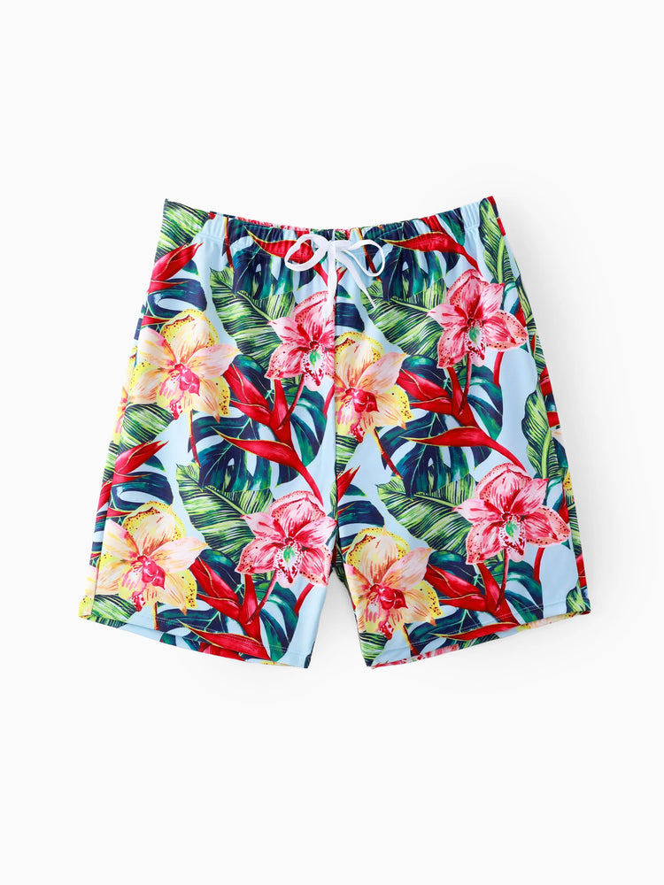 Family Matching Floral Drawstring Swim Trunks or Ruched Shell Edge Bikini with Optional Swim Cover Up Red