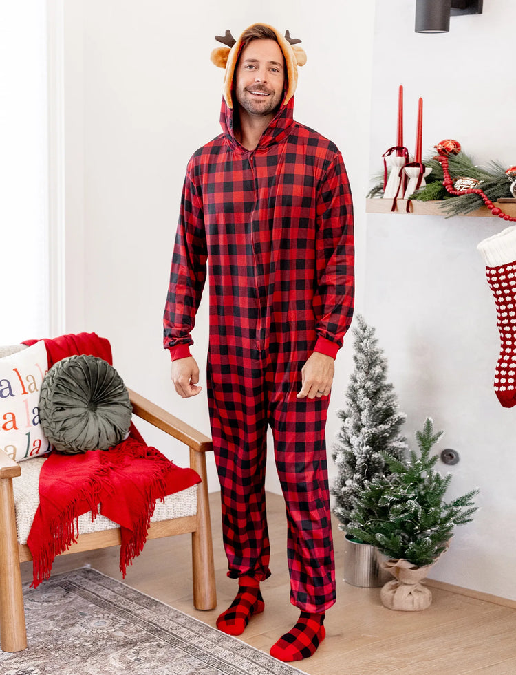Christmas Matching Family Pajamas Set 3D Reindeer Hooded Allover Plaid Print Red Onesie PJS with Christmas Socks Red