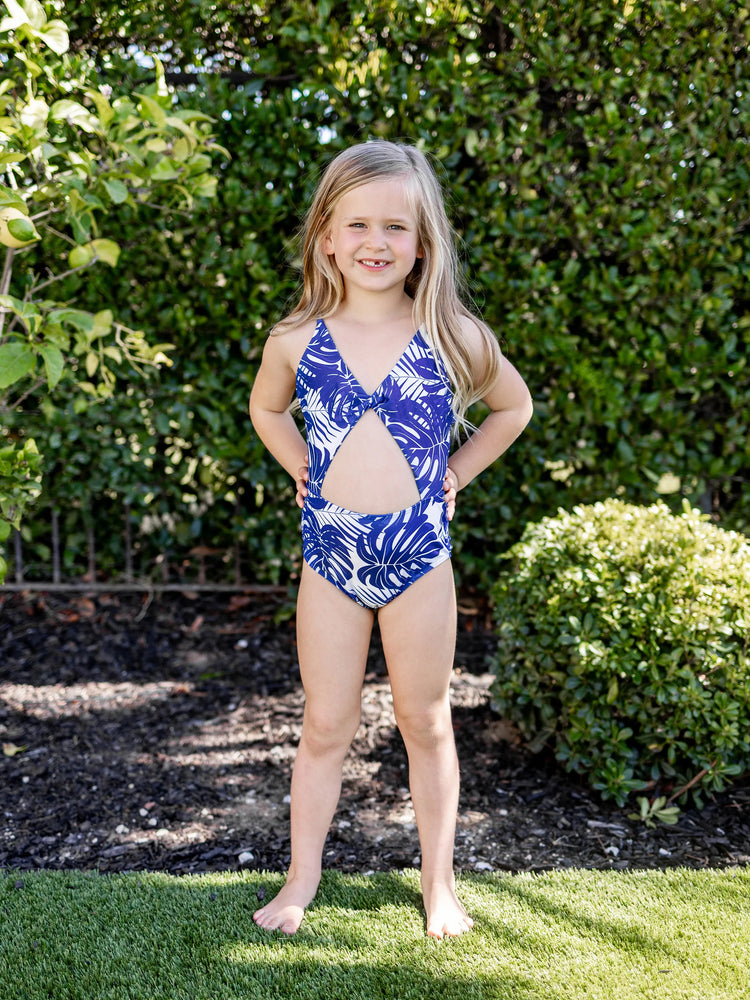 Family Matching Tropical Leaf Print Swim Trunks or Hollow-out Crisscross Straps One-piece Swimsuit Blue