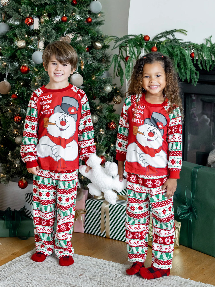 Ensemble pyjama de Noël assorti en polaire à motif Fair Isle Frosty le bonhomme de neige, rouge