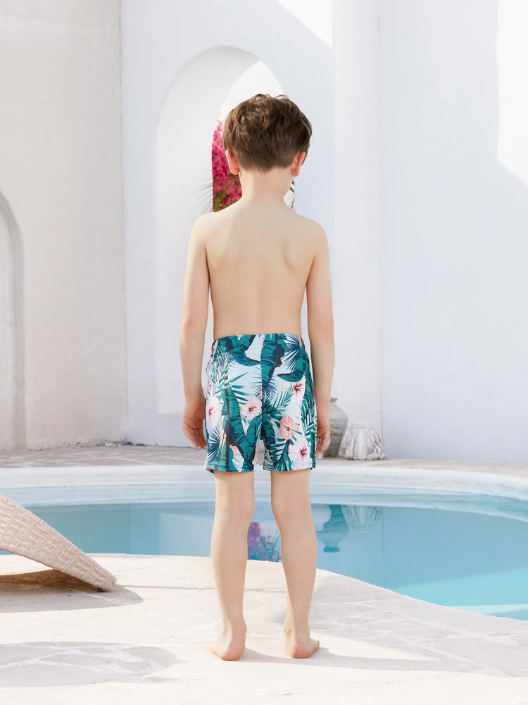 Toddler Boy Plant Print Ruffle Trim Spliced One-piece Swimsuit or Swim Trunks Green
