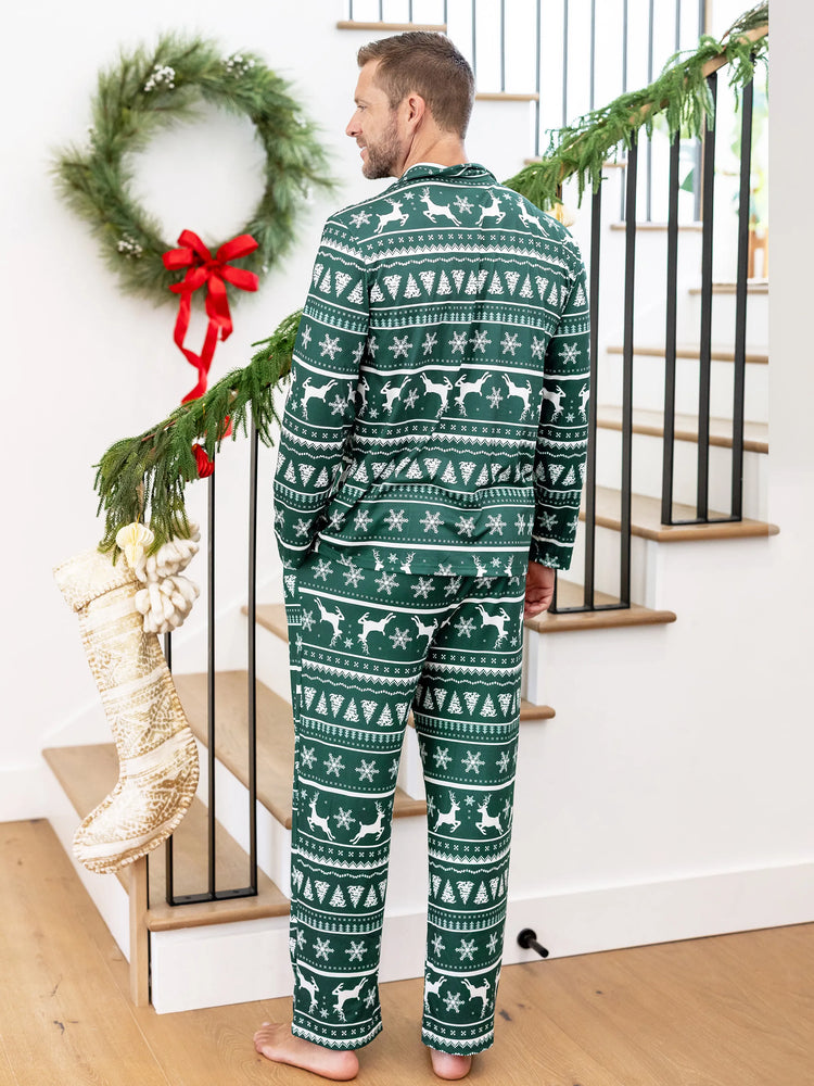 Christmas Matching Family Pajamas Set Allover Reindeer and Snowflake Print Long-sleeve Collared PJS with Christmas Socks Dark Green