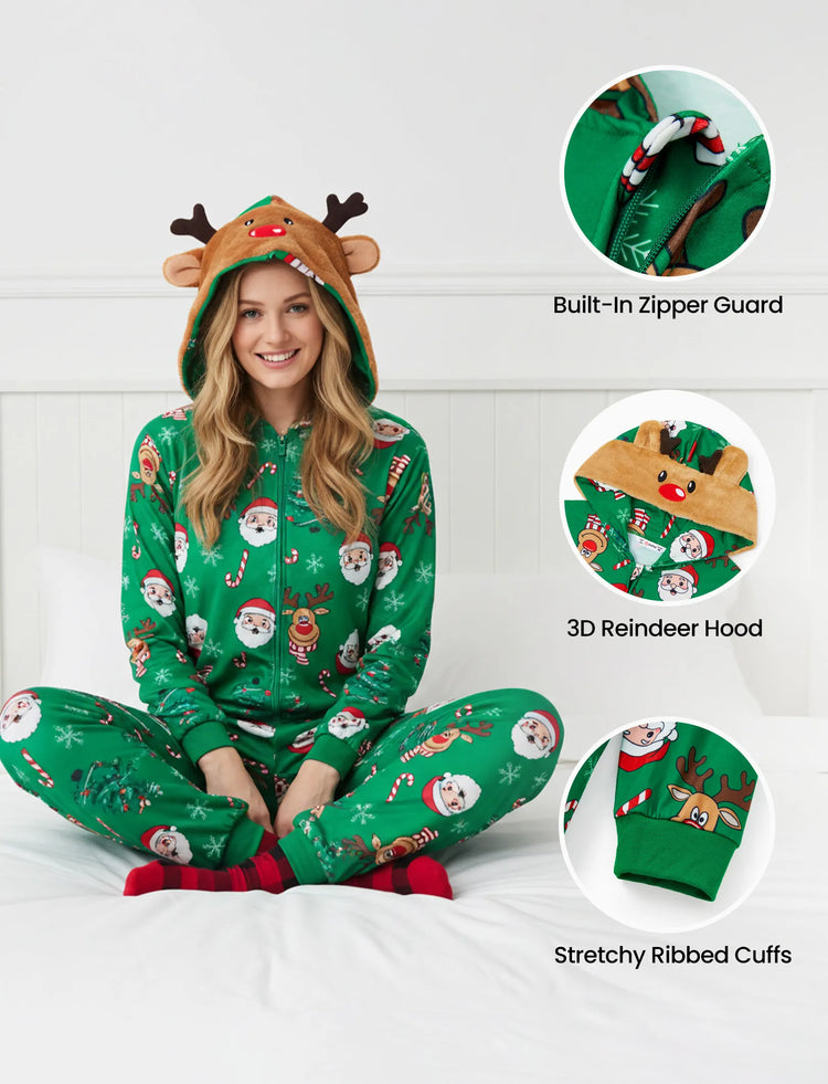Green Christmas Family Pajamas Sets 3D Reindeer Hooded Allover Print Onesies Green