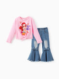 Ensemble 2 pièces princesse Disney Ariel pour petite fille, haut à manches longues avec nœud papillon et pantalon évasé en denim de coton, rose