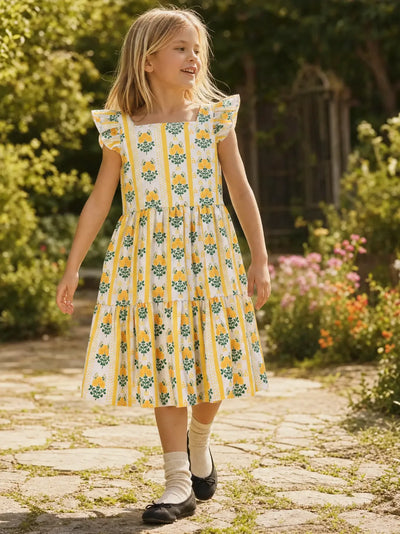 Fresh Market Toddler Girl  Floral Stripe Print Dress Yellow