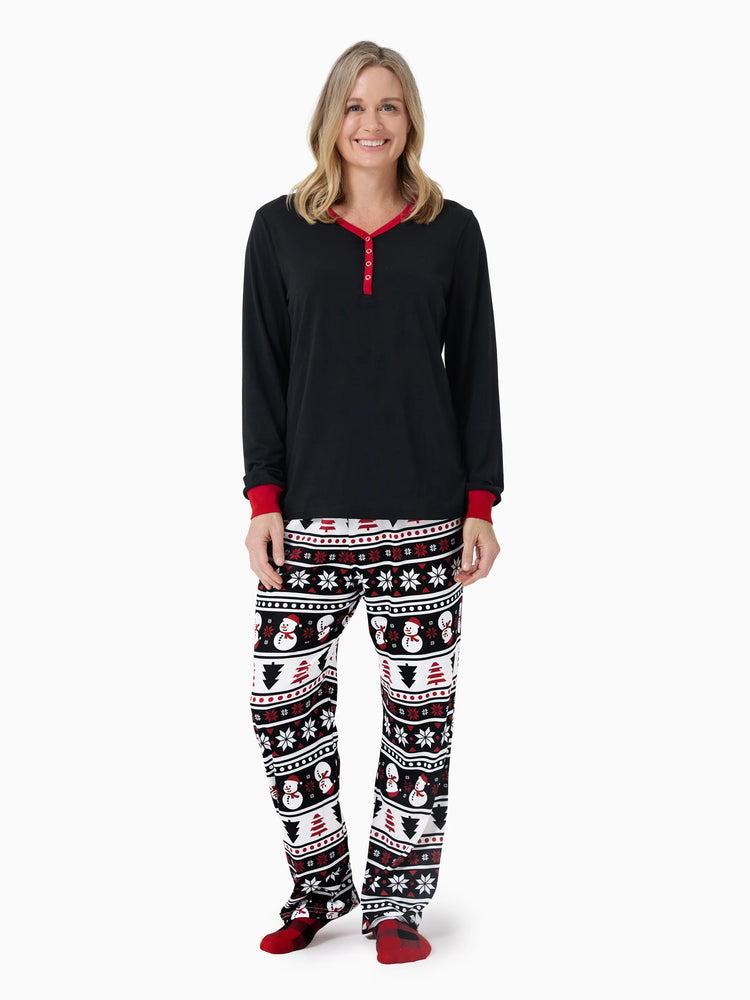 Ensemble pyjama de Noël assorti pour toute la famille, imprimé bonhomme de neige et sapin de Noël, noir, avec chaussettes de Noël noires