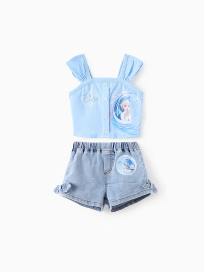 Disney Frozen Toddler Girl 2pcs Cotton Elsa Pattern Tank Top And Bowknot Denim Shorts Set Blue