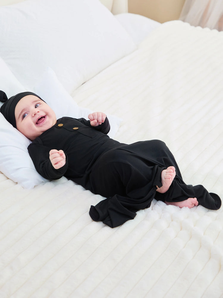 Bamboo infant sleeping gown with matching hat, black.