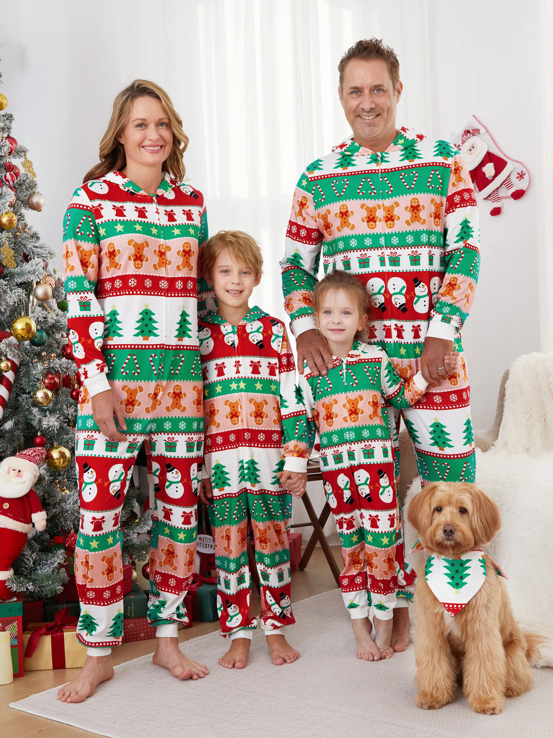 Onesies Pajamas Matching Christmas Outfits Allover Pattern Zipper Front Holly Jolly Print with Christmas Socks Back MultiColour