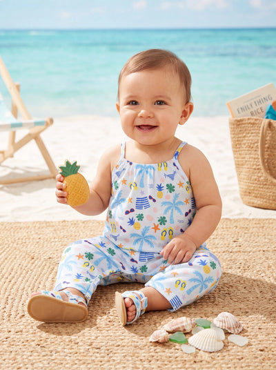 Ocean Vibes Baby Girl Tropical Sleeveless Romper Blue