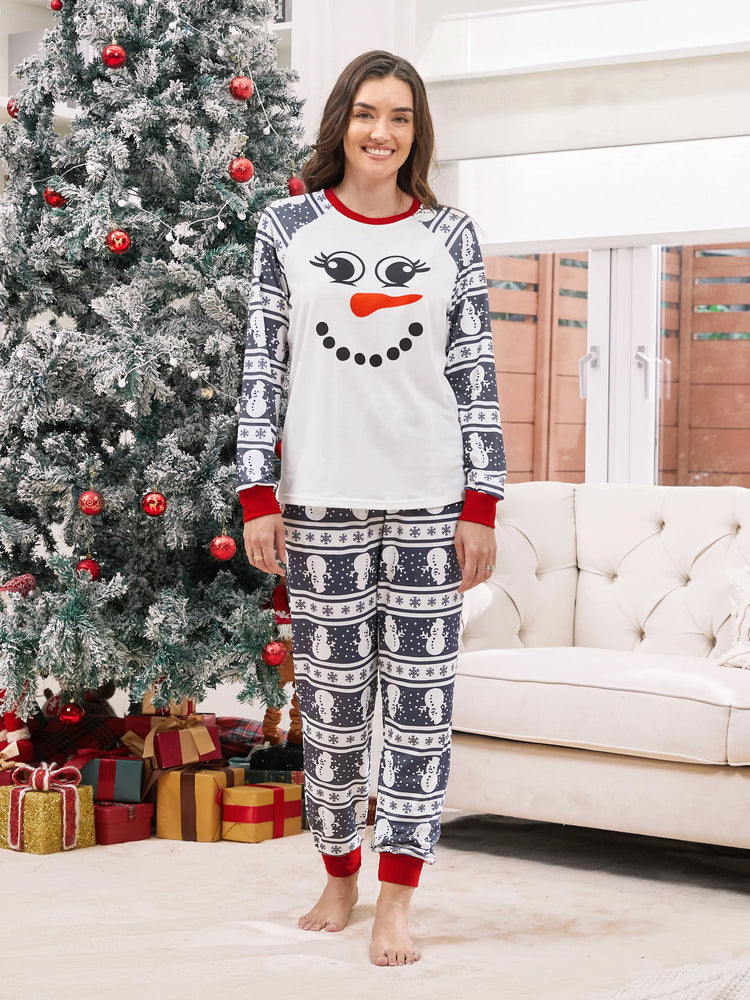 Pyjama de Noël assorti, motif bonhomme de neige, manches longues, chaussettes de Noël, gris foncé
