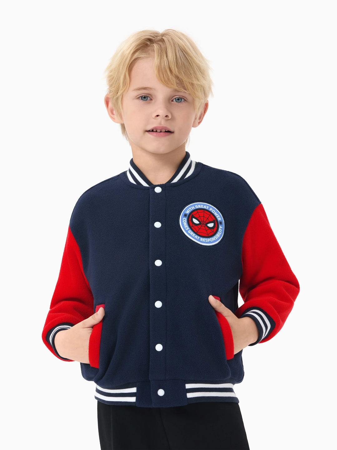 Chaqueta bomber con estampado de personajes de Spiderman en bloques de color de Marvel para niños pequeños/niños, azul oscuro