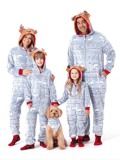 Christmas Onesies Matching Family Pajamas Set Reindeer Print Glow In The Dark PJS with Christmas Socks White/Gray
