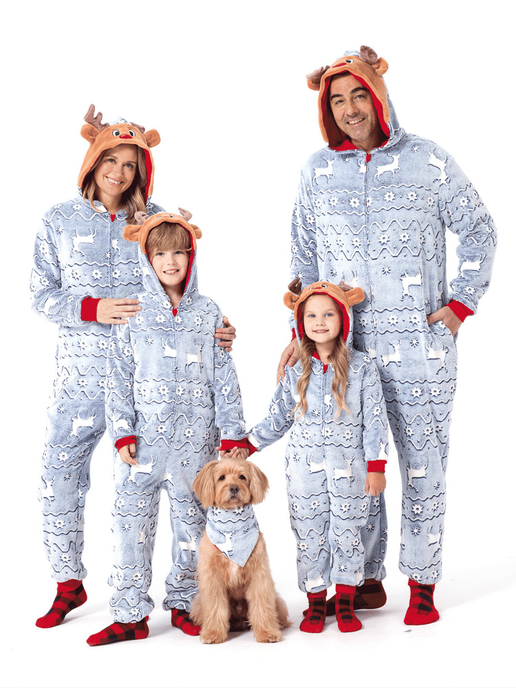 Pyjama de Noël assorti pour toute la famille, imprimé renne, phosphorescent, avec chaussettes de Noël, blanc/gris