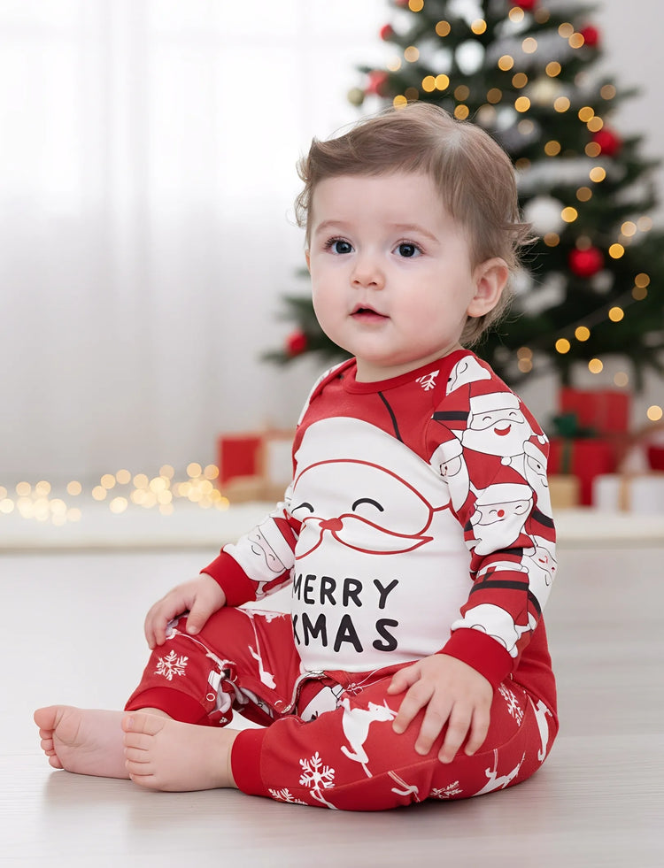 Pijama familiar navideño a juego con estampado gráfico de Papá Noel grande en la parte delantera y trasera, con bolsillos y cordón, color rojo 2