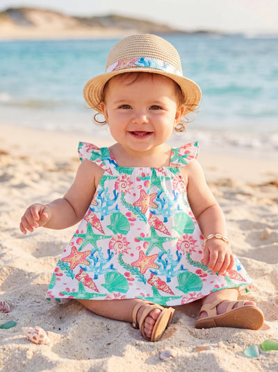 Ocean Vibes Baby Girl Tropical island Leaf Print Dress White