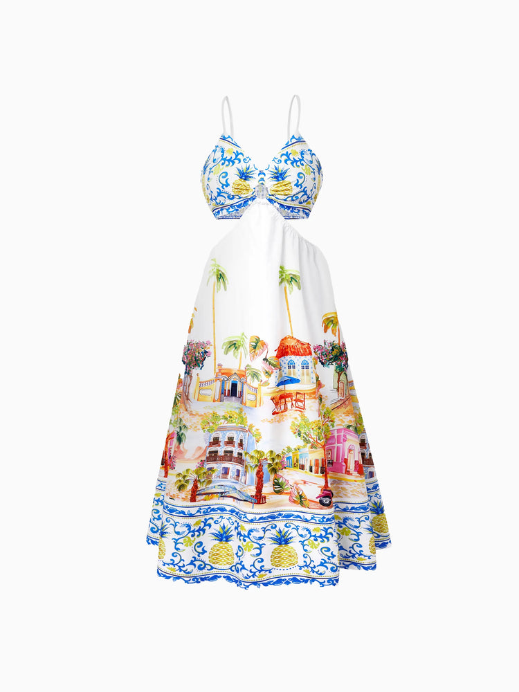 Mommy & me Vacation Set Tropical Pineapple Coconut Tree Print Short-sleeve T-shirt or Hollow out Strap Dress for Summer Vacation White