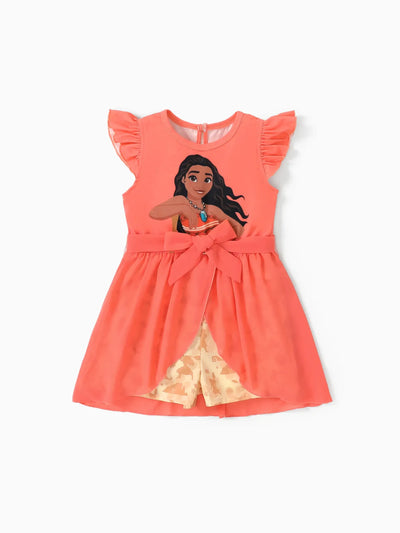 Disney Princess Moana Toddler Girl Character Print Bowknot Mesh Ruffled Romper orangered