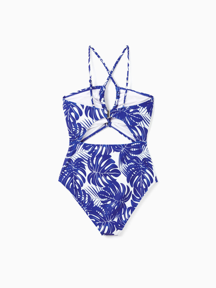 Family Matching Tropical Leaf Print Swim Trunks or Hollow-out Crisscross Straps One-piece Swimsuit Blue