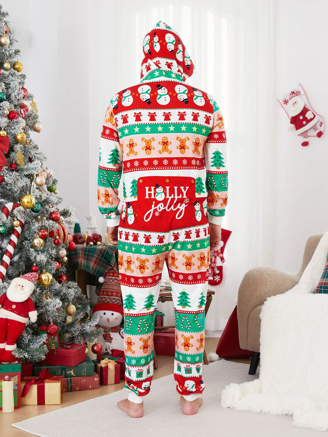 Onesies Pajamas Matching Christmas Outfits Allover Pattern Zipper Front Holly Jolly Print with Christmas Socks Back MultiColour