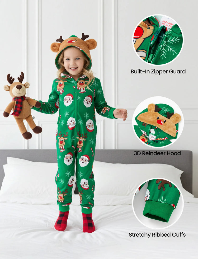 Green Christmas Family Pajamas Sets 3D Reindeer Hooded Allover Print Onesies Green