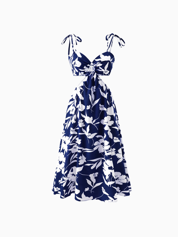 Ensemble familial assorti avec chemise à manches courtes ou robe froncée à imprimé feuilles bleu