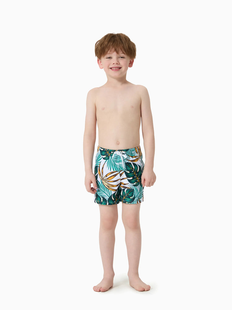 Family Matching Allover Plants Print Swim Trunks Shorts and V Neck Spaghetti Strap Splicing One-Piece Swimsuit Dark Green