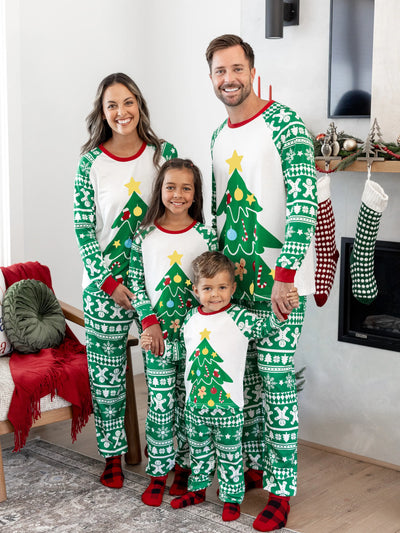 Ensemble pyjama de Noël assorti pour toute la famille, imprimé pain d'épices et sapin de Noël, vert, avec chaussettes de Noël vertes
