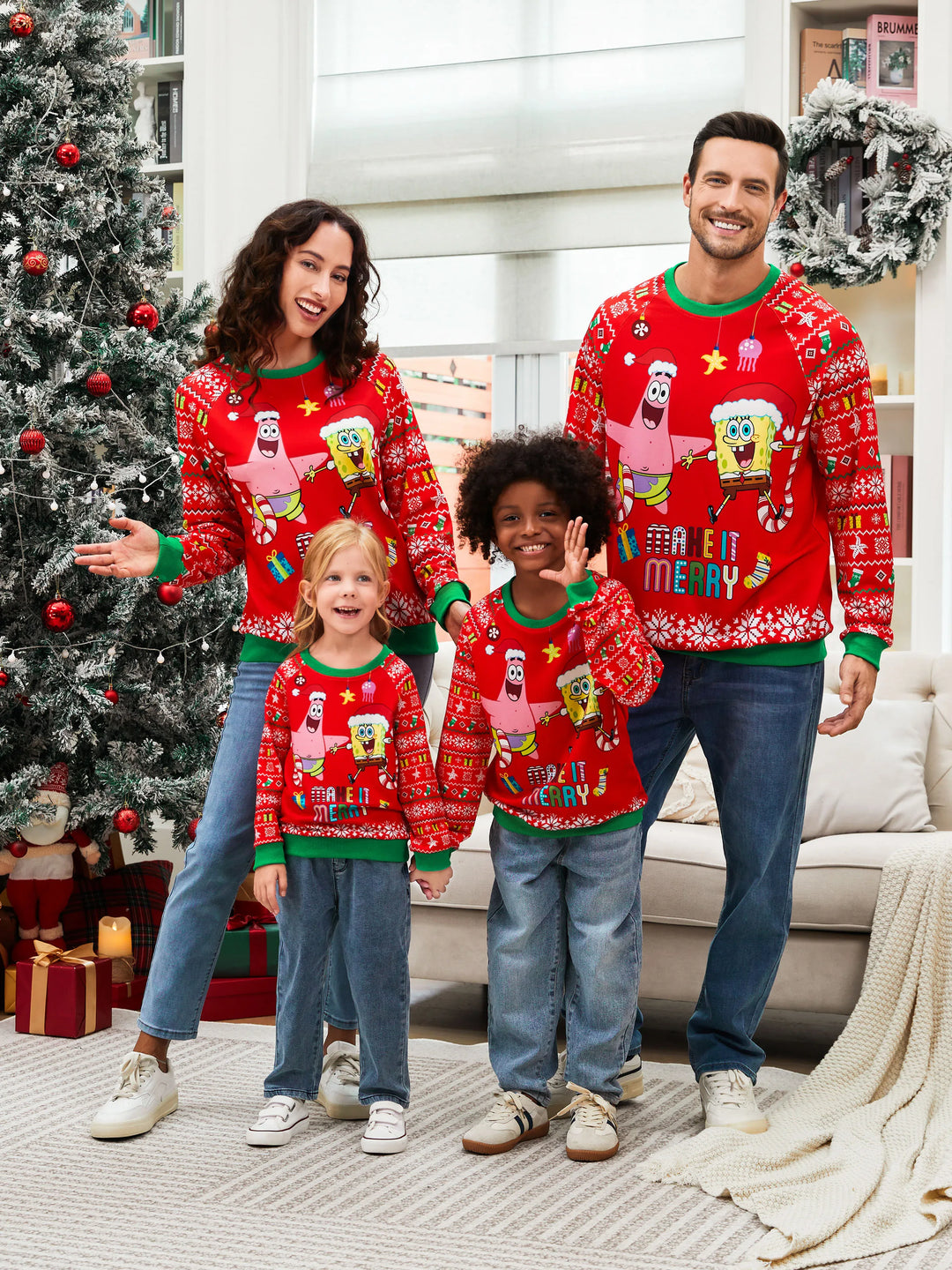 SpongeBob SquarePants Family matching 1pc Christmas Pattern Long-sleeve Sweatshirt/Jumpsuit 
 Red