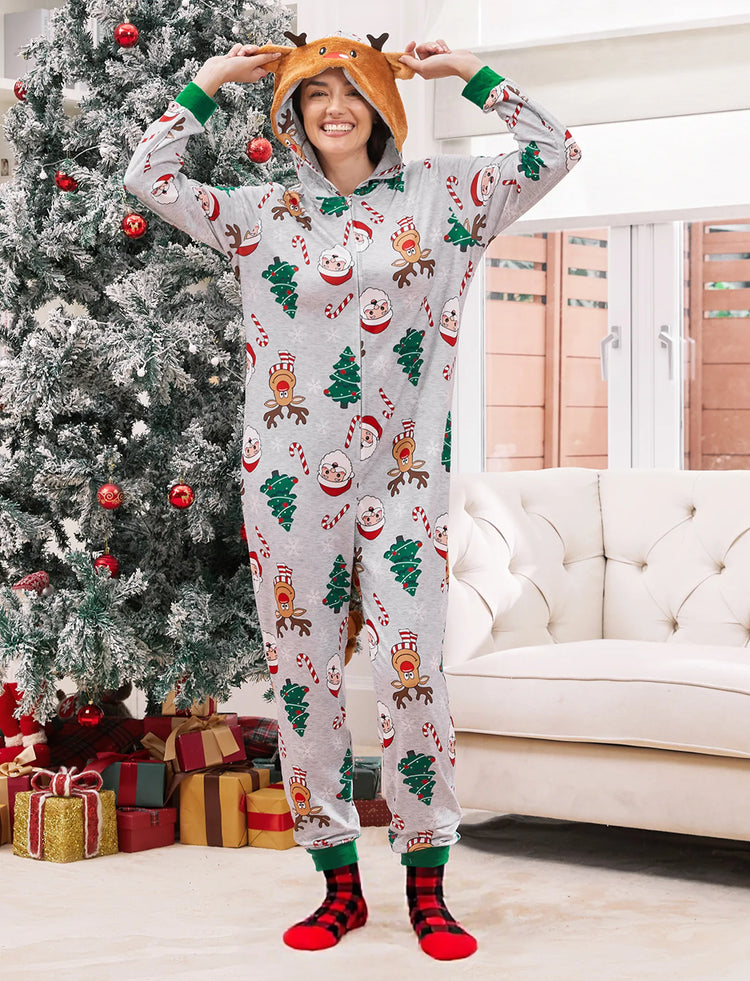 Grey Christmas Pajamas 3D Reindeer Pattern Zipper Onesies Matching Family Outfits Light Grey
