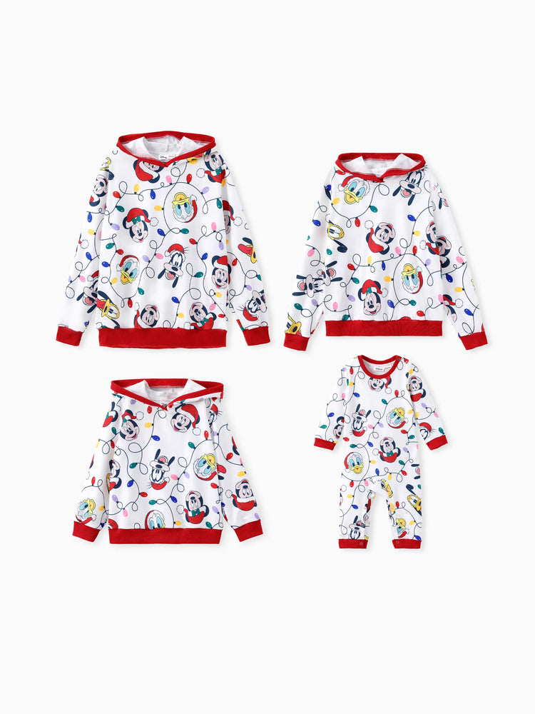 Disney Mickey and Friends Family Matching Christmas Character Allover Hooded Long-sleeve Sweatshirt REDWHITE